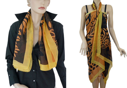 EVAL foulard en soie femme paréo orange noir  - R1546